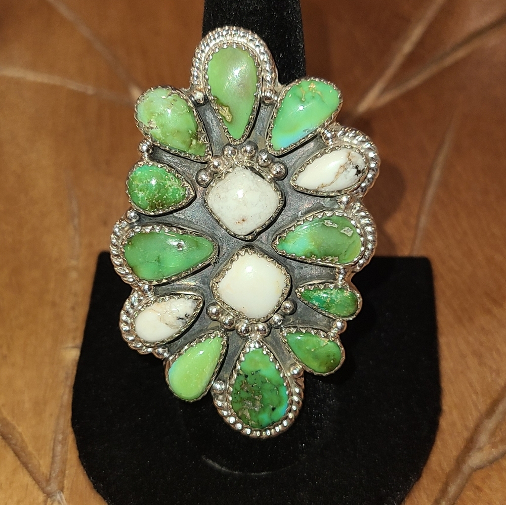Sonoran Gold Turquoise & White Buffalo Large Statement Adjustable Ring Green - Picture 6 of 6